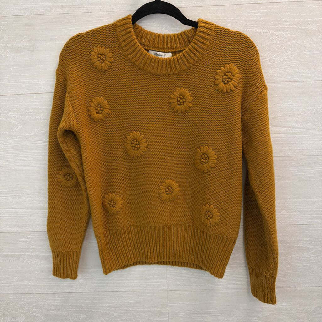 Madewell Gold Flower Knit Long Sleeve Sweater Extra Small