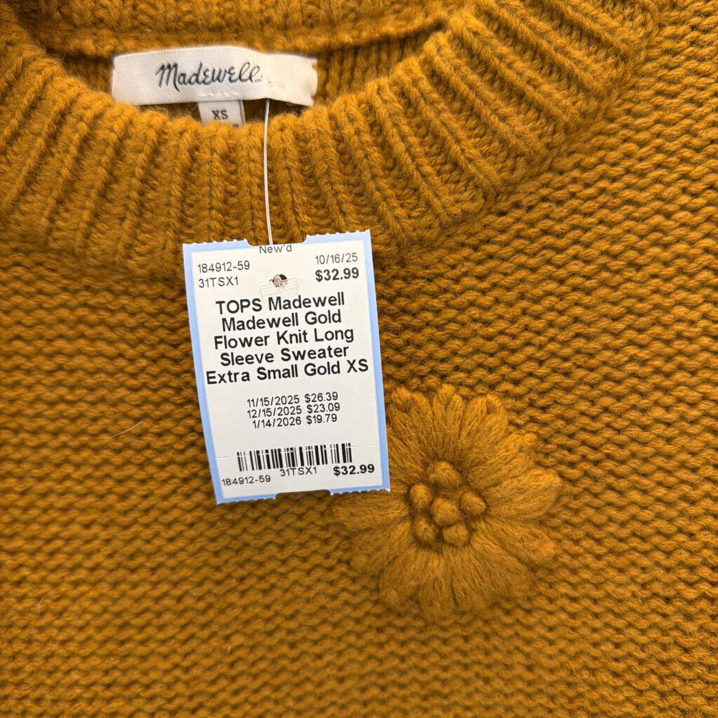 Madewell Gold Flower Knit Long Sleeve Sweater Extra Small
