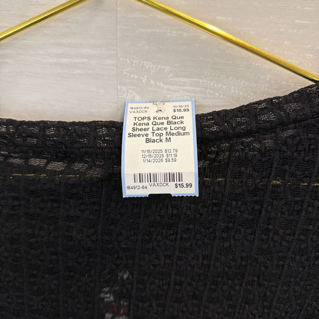 Kena Que Black Sheer Lace Long Sleeve Top Medium