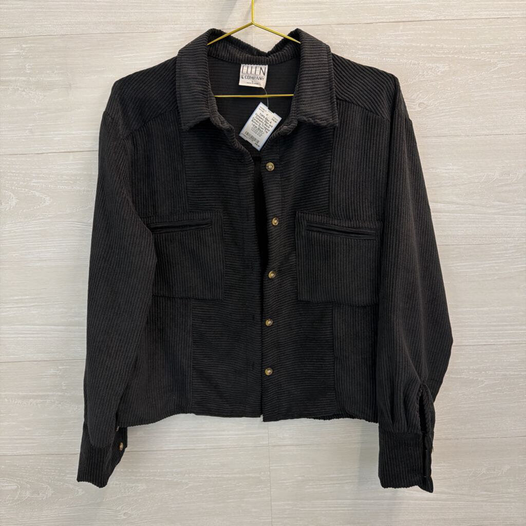 Ellen and Company Black Corduroy Cropped Button Down Top Large