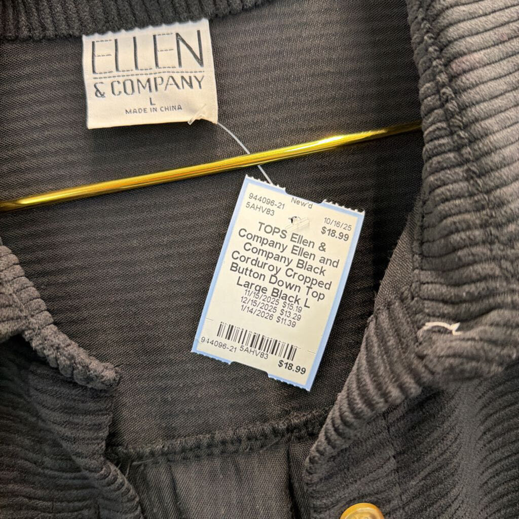 Ellen and Company Black Corduroy Cropped Button Down Top Large