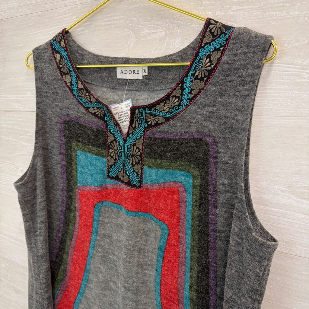 Adore Green/ Multi Embroidered Neckline Tank Extra Large