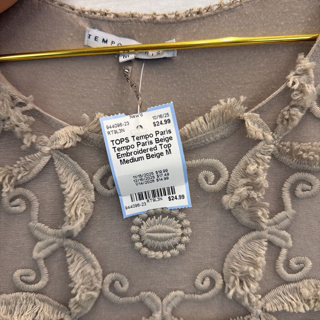 Tempo Paris Beige Embroidered Top Medium