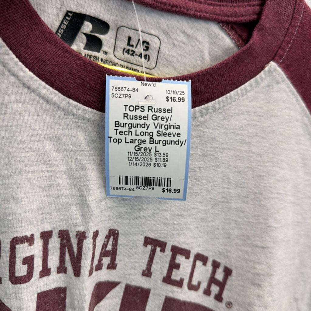 Russel Grey/ Burgundy Virginia Tech Long Sleeve Top Large