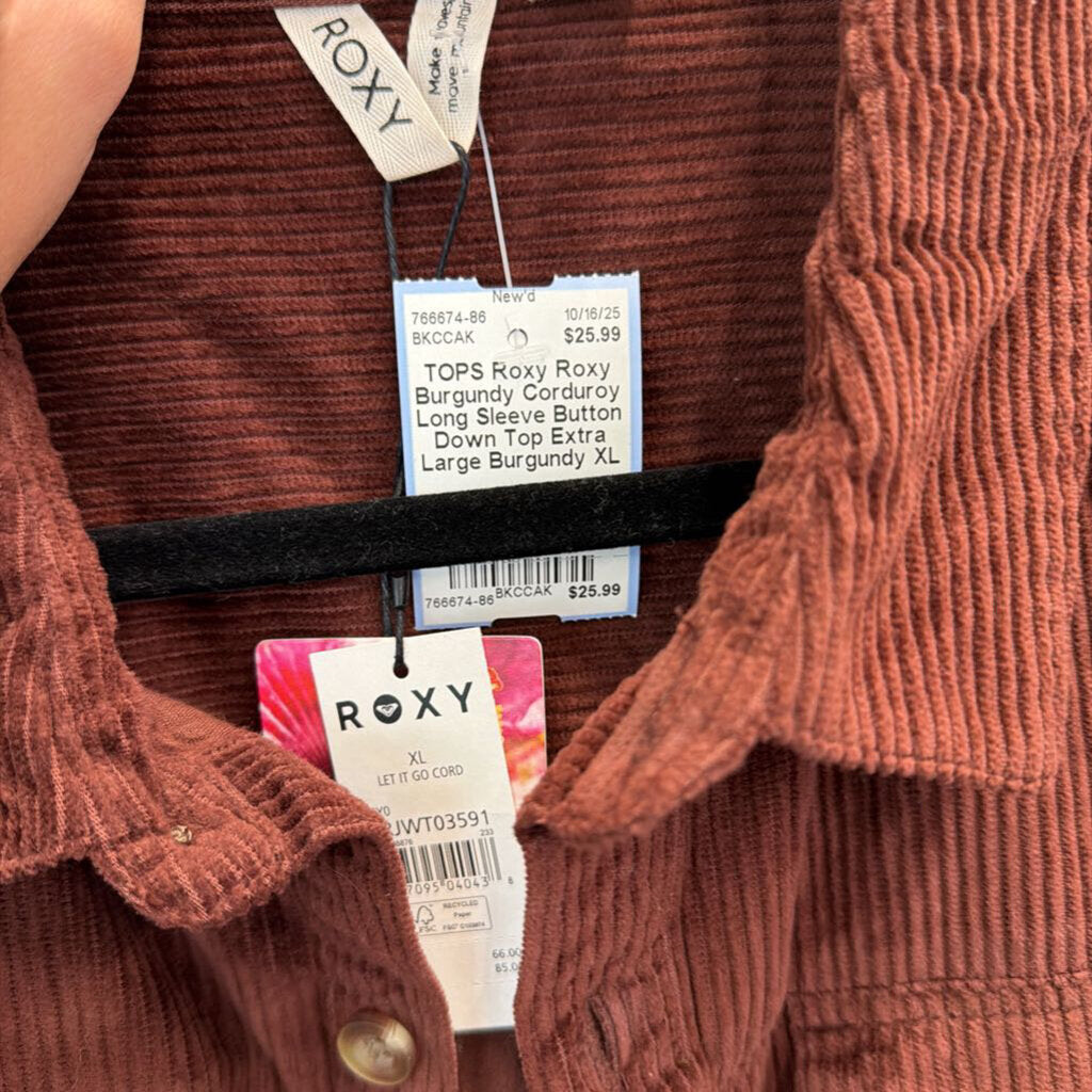 Roxy Burgundy Corduroy Long Sleeve Button Down Top Extra Large
