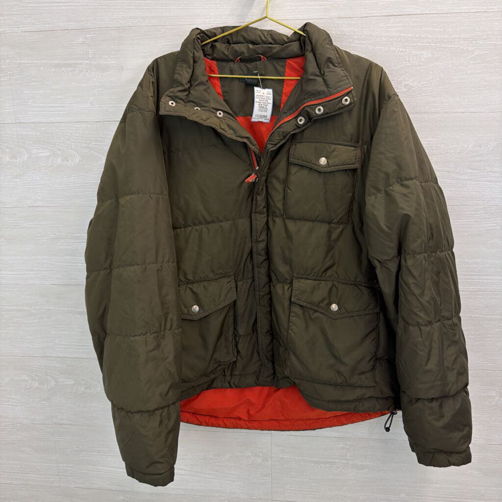 J Crew Green Puffer Jacket With Orange Lining Extra Large