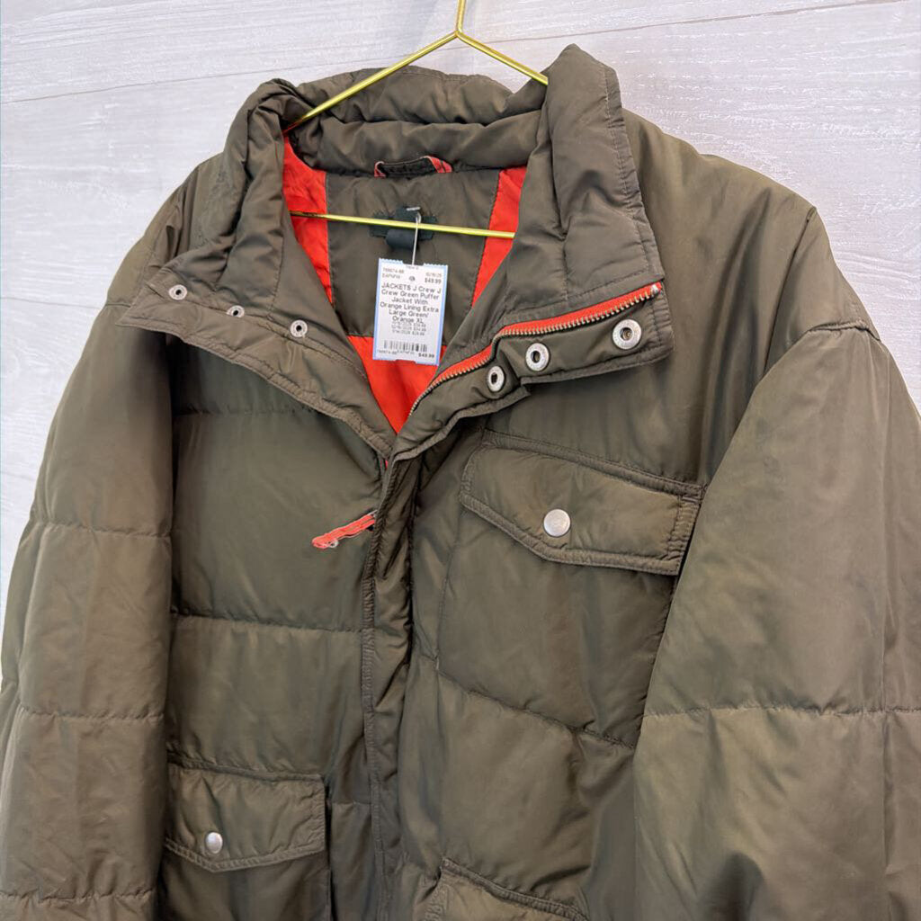 J Crew Green Puffer Jacket With Orange Lining Extra Large