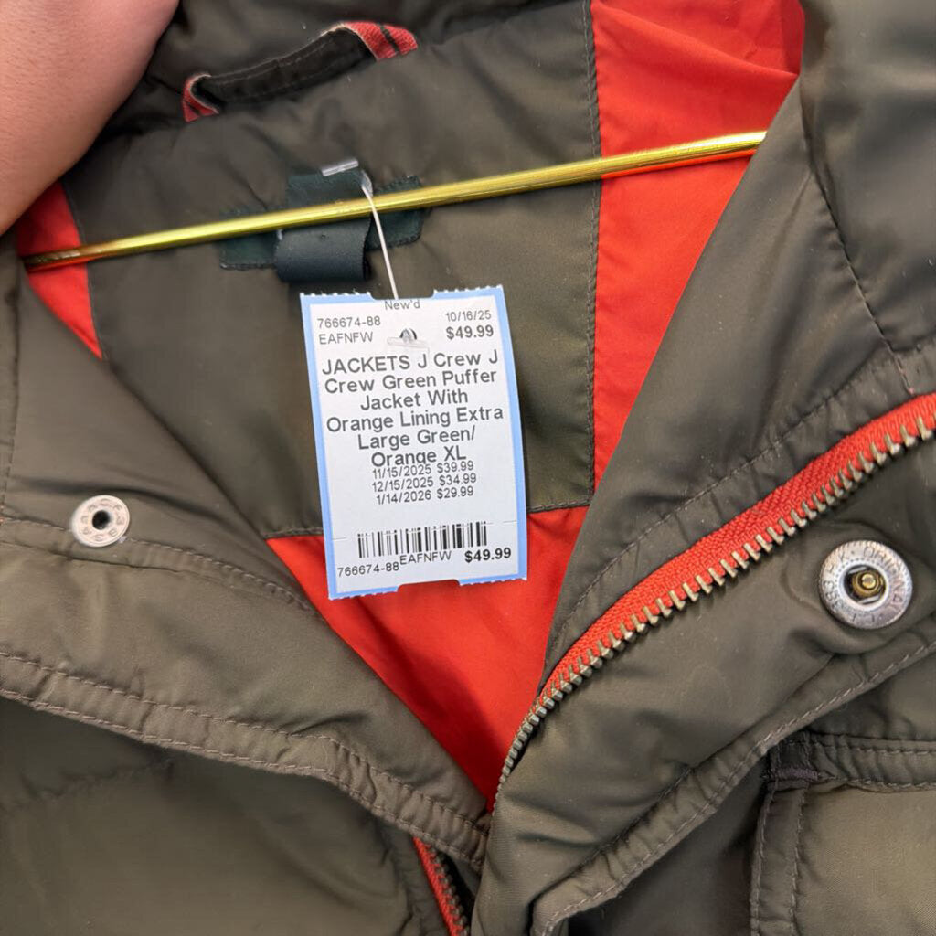 J Crew Green Puffer Jacket With Orange Lining Extra Large
