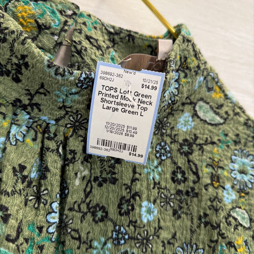 Green Printed Mock Neck Shortsleeve Top Large