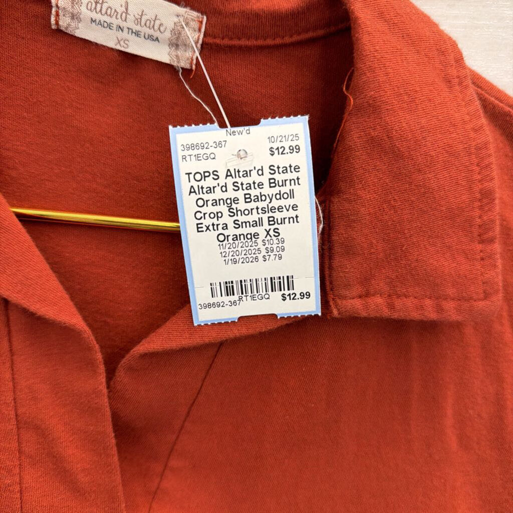 Altar'd State Burnt Orange Babydoll Crop Shortsleeve Extra Small