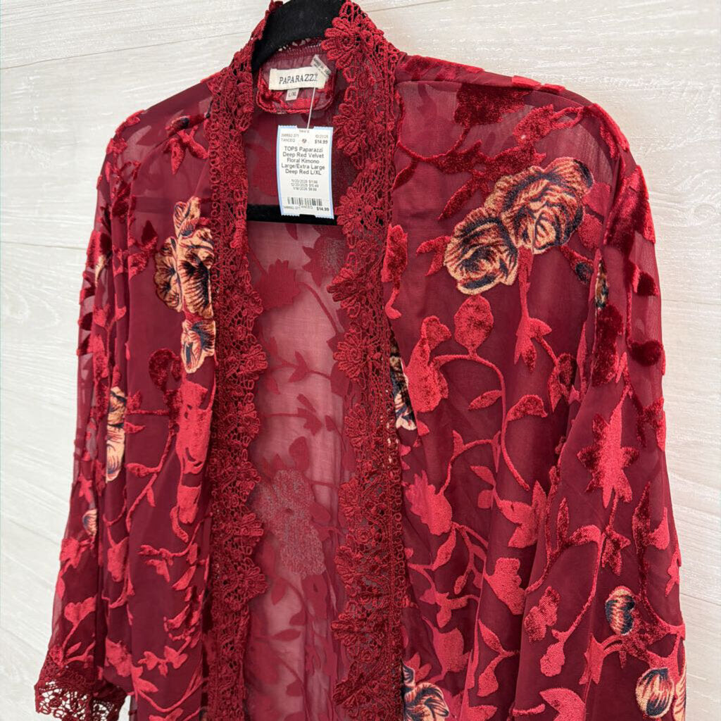 Deep Red Velvet Floral Kimono Large/Extra Large
