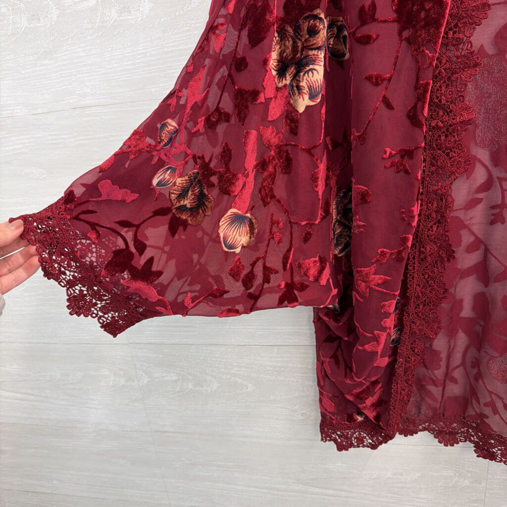 Deep Red Velvet Floral Kimono Large/Extra Large