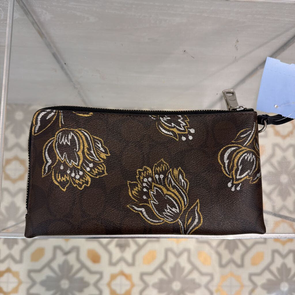 Coach Tulip Brown/Gold Print Corner Zip Wristlet
