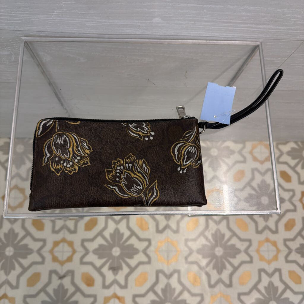 Coach Tulip Brown/Gold Print Corner Zip Wristlet