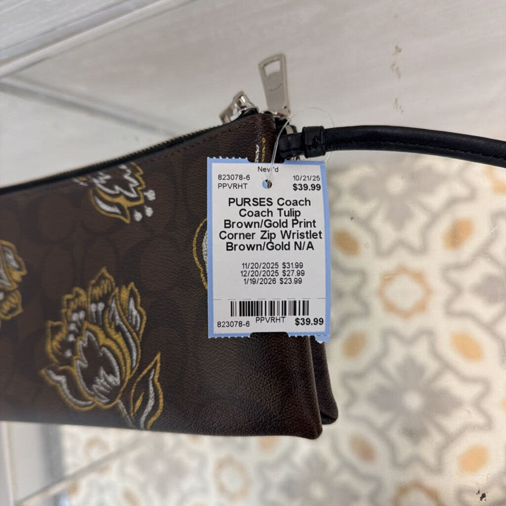 Coach Tulip Brown/Gold Print Corner Zip Wristlet