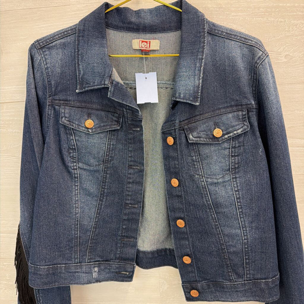 LEI Dark Wash Fringe Denim Jacket Large