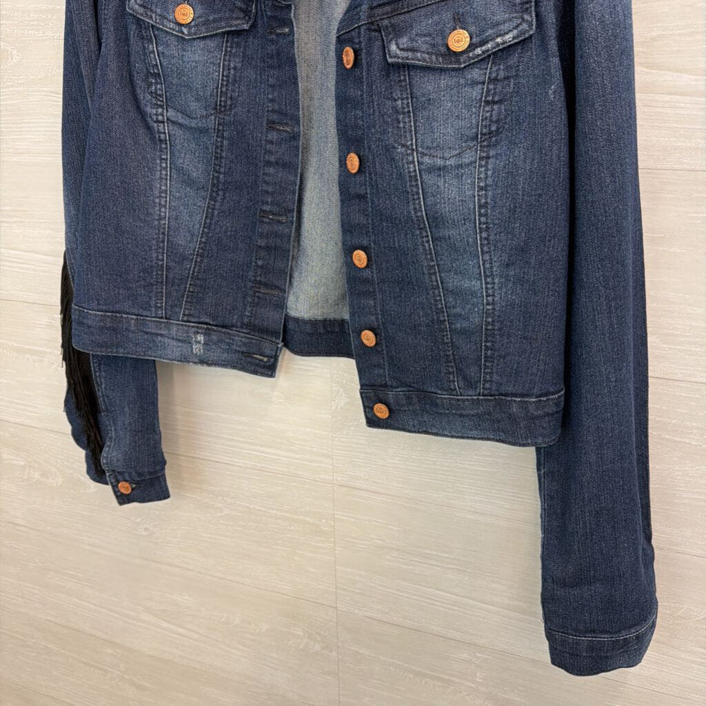 LEI Dark Wash Fringe Denim Jacket Large