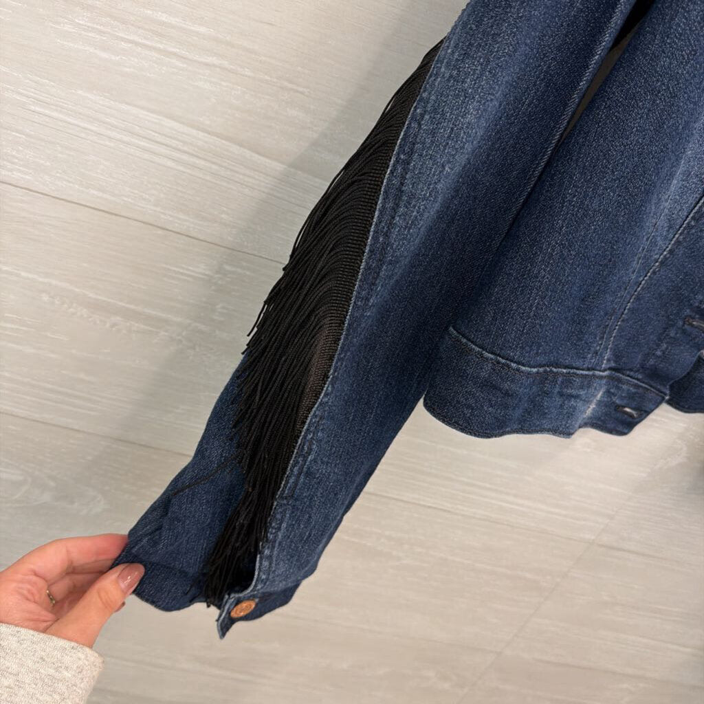 LEI Dark Wash Fringe Denim Jacket Large