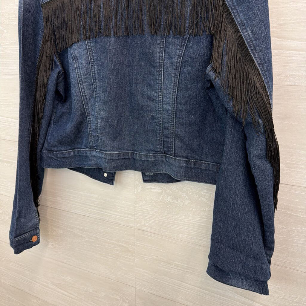 LEI Dark Wash Fringe Denim Jacket Large