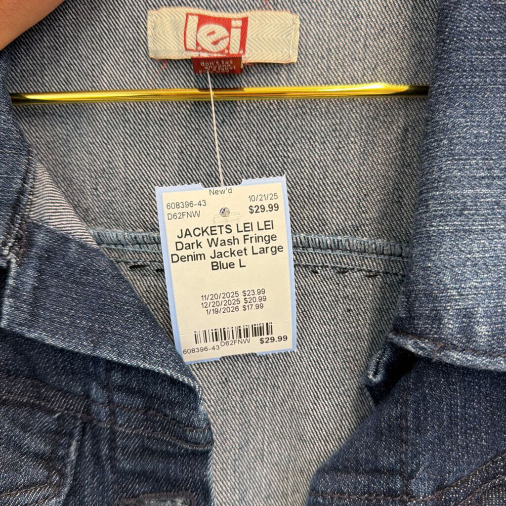 LEI Dark Wash Fringe Denim Jacket Large