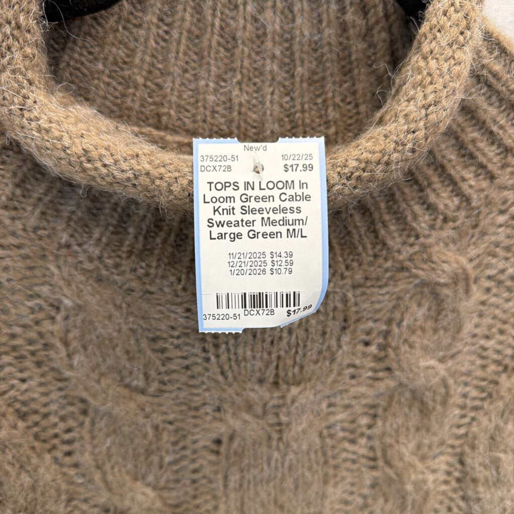 In Loom Green Cable Knit Sleeveless Sweater Medium/ Large
