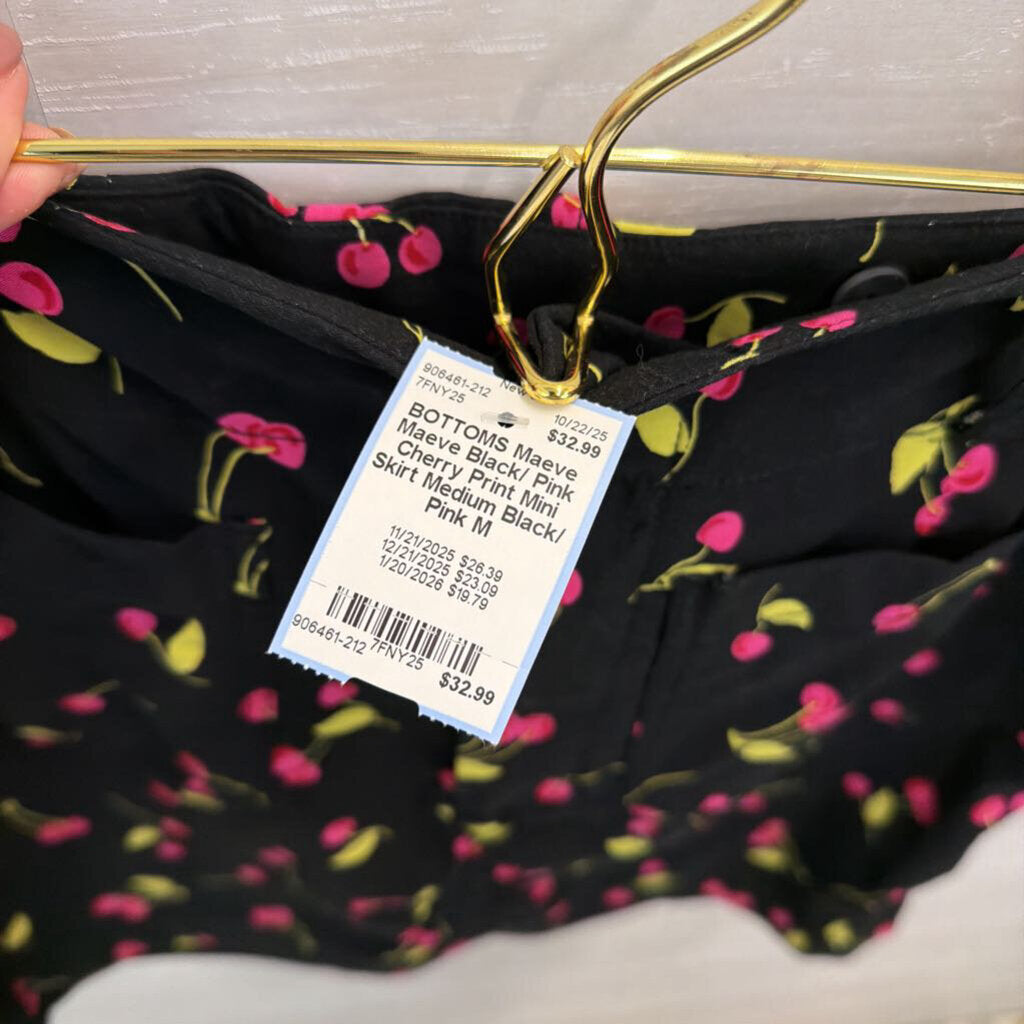 Maeve Black/ Pink Cherry Print Mini Skirt Medium