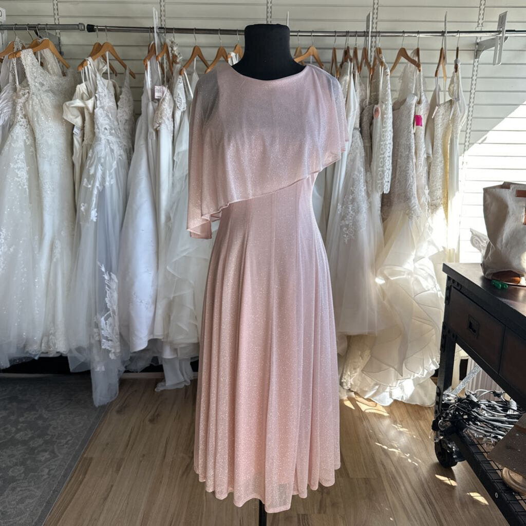Danny and Nicole Pink Shimmer Cape Top Tea Length Formal Dress 6