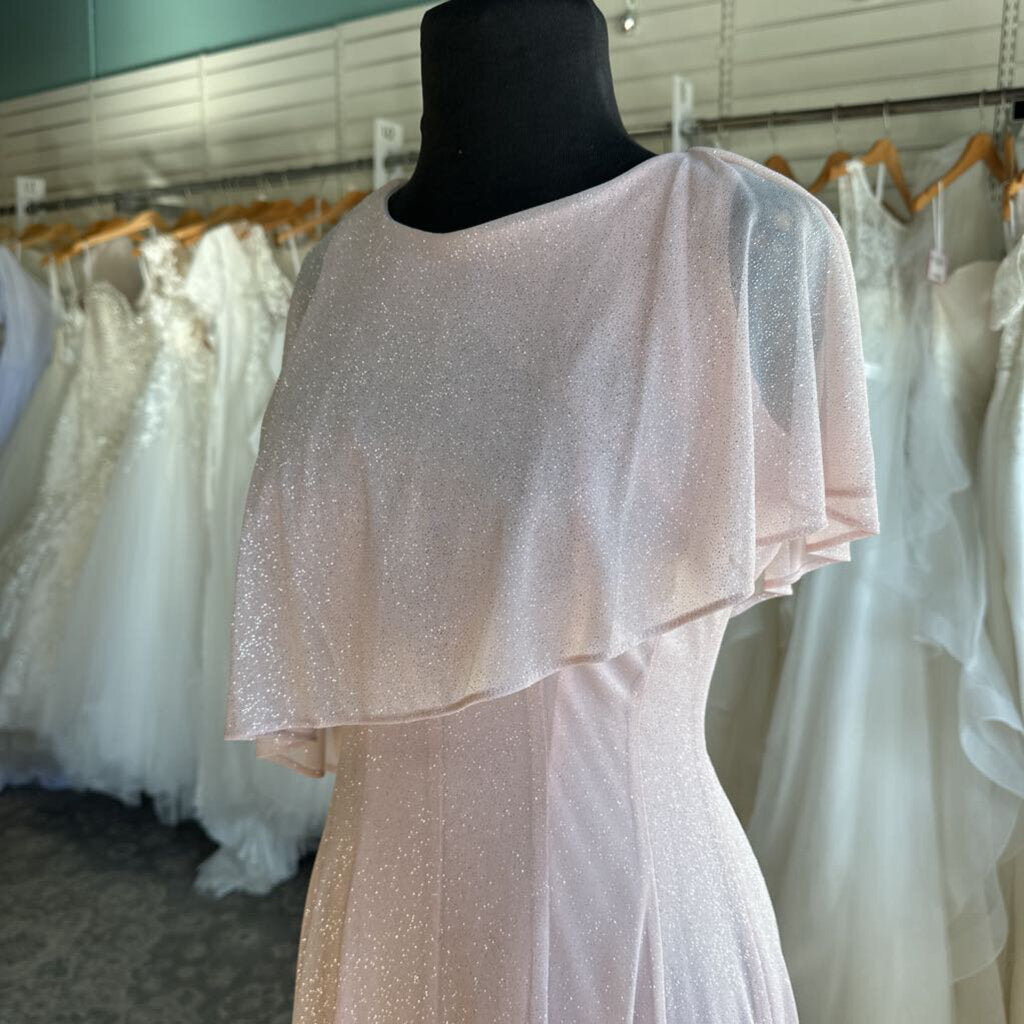 Danny and Nicole Pink Shimmer Cape Top Tea Length Formal Dress 6