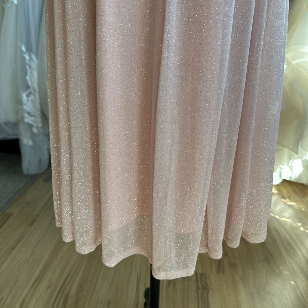 Danny and Nicole Pink Shimmer Cape Top Tea Length Formal Dress 6