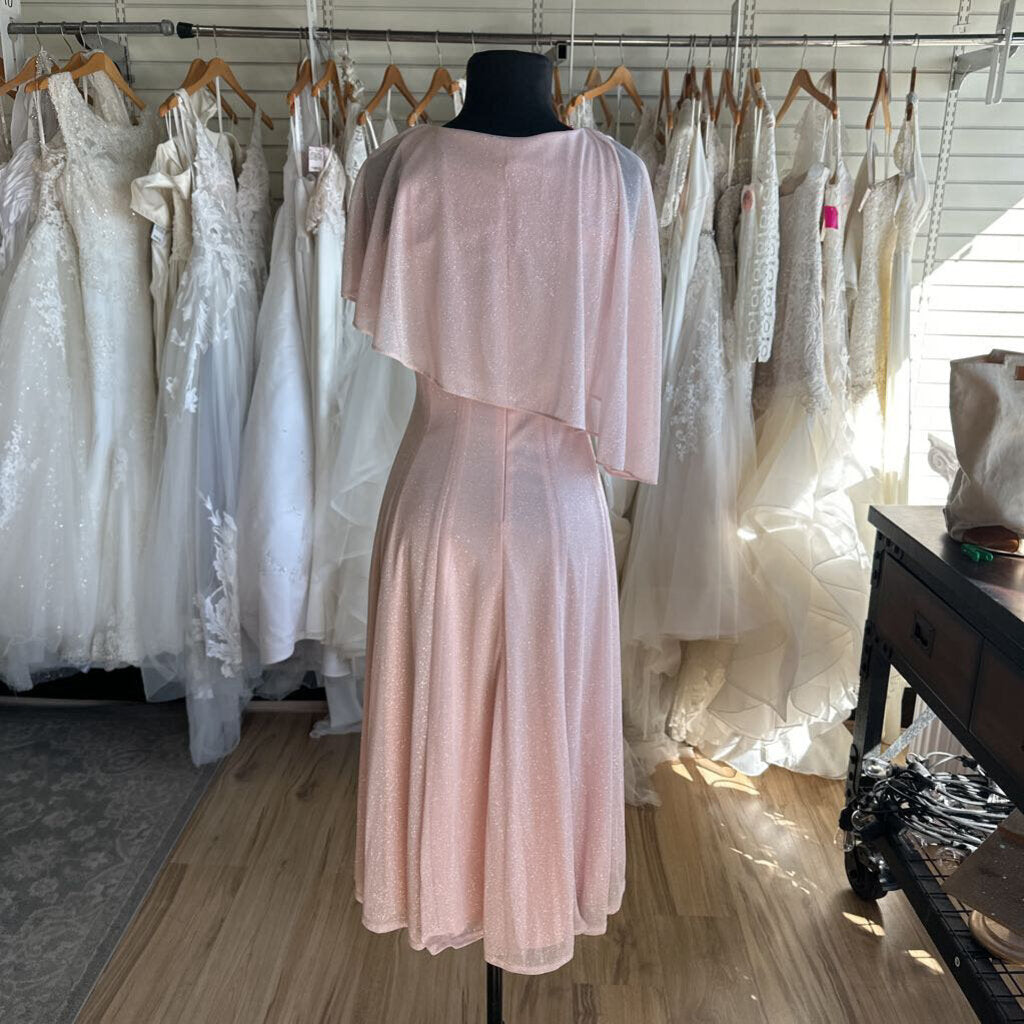Danny and Nicole Pink Shimmer Cape Top Tea Length Formal Dress 6