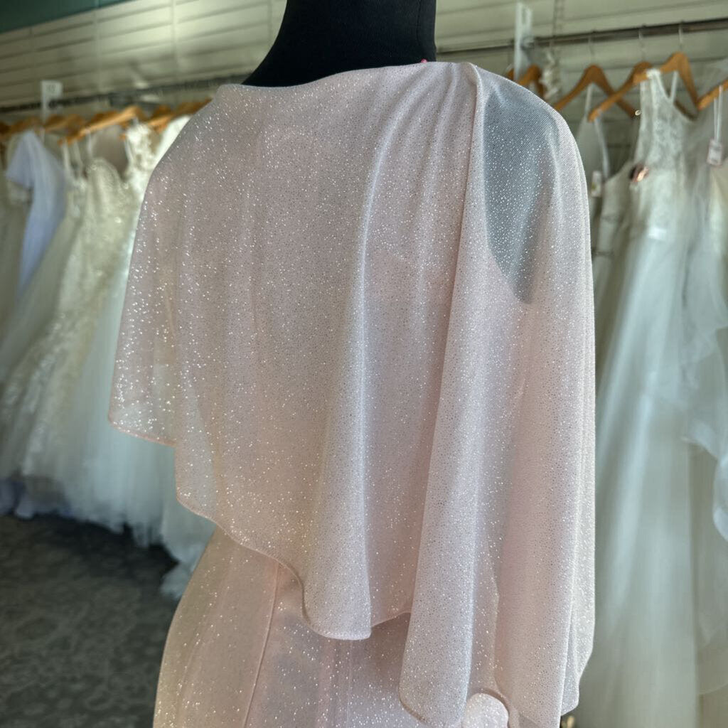 Danny and Nicole Pink Shimmer Cape Top Tea Length Formal Dress 6