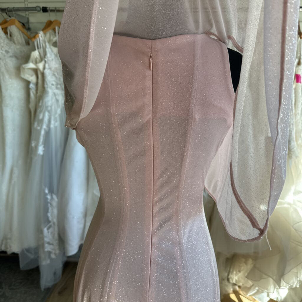 Danny and Nicole Pink Shimmer Cape Top Tea Length Formal Dress 6