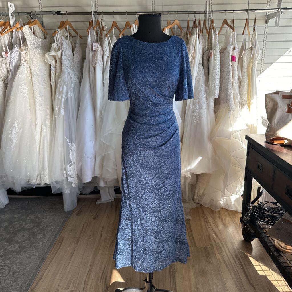 Jessica Howard Blue Lace Shimmer Short Sleeve Long Formal Dress 6