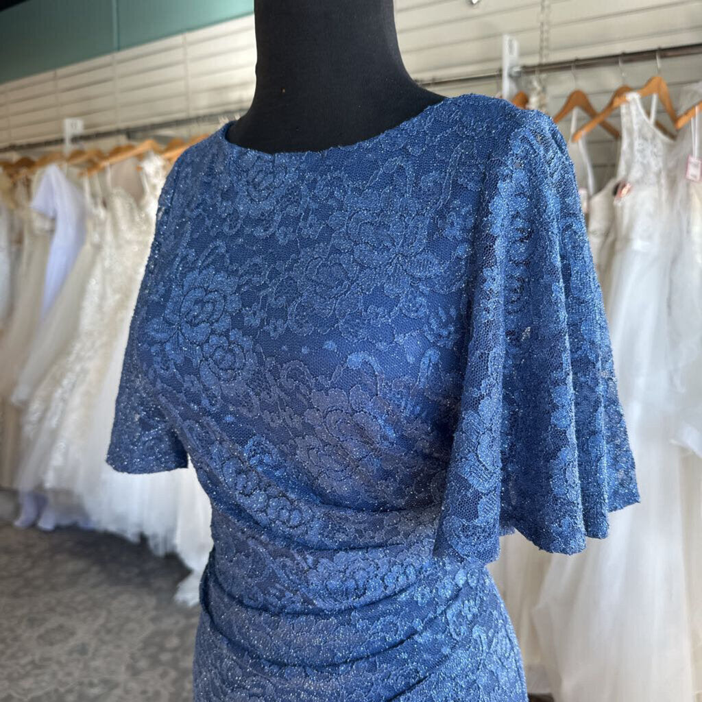 Jessica Howard Blue Lace Shimmer Short Sleeve Long Formal Dress 6