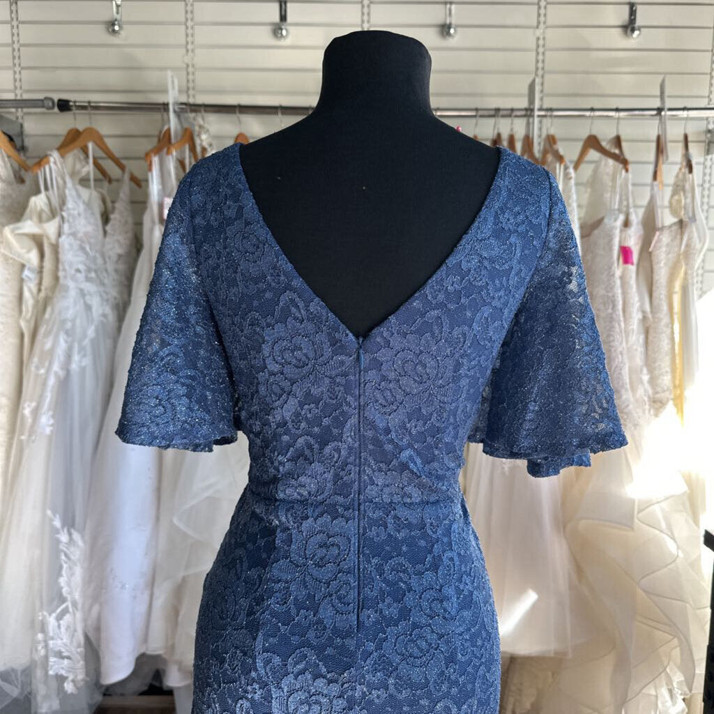 Jessica Howard Blue Lace Shimmer Short Sleeve Long Formal Dress 6