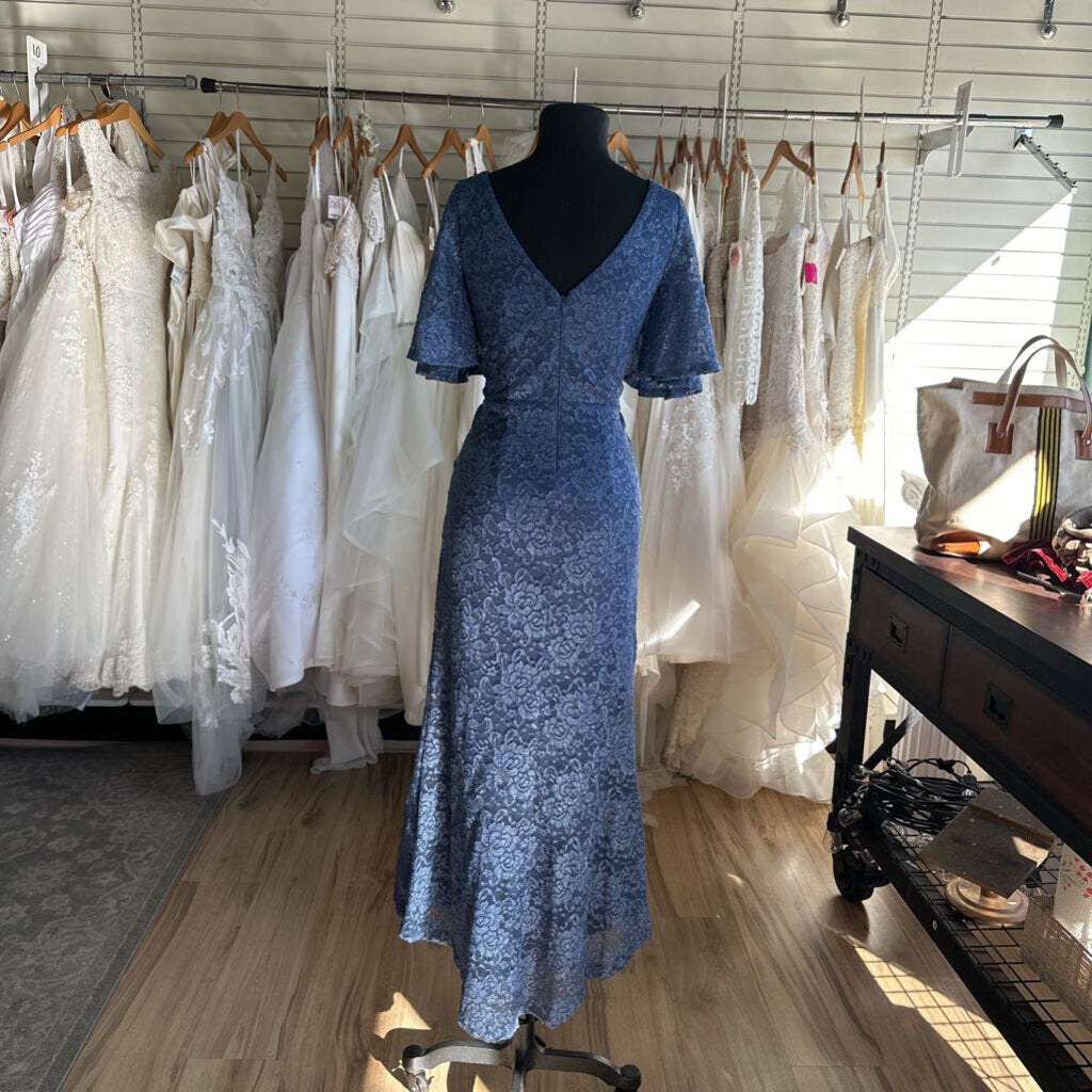 Jessica Howard Blue Lace Shimmer Short Sleeve Long Formal Dress 6