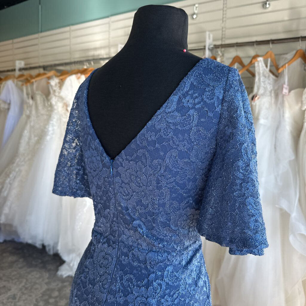 Jessica Howard Blue Lace Shimmer Short Sleeve Long Formal Dress 6