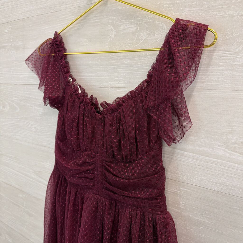 Lulus Purple Polka Dot Tulle Flutter Short Sleeve Midi Dress Medium
