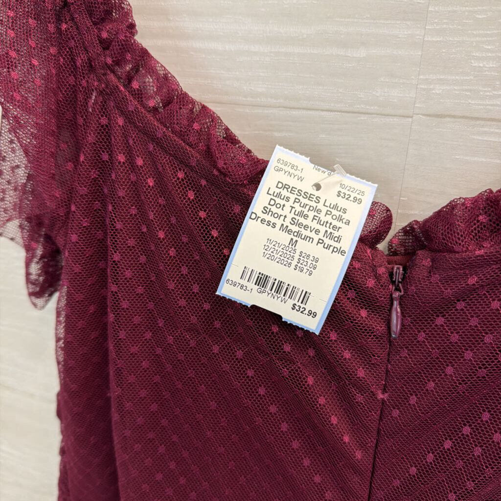 Lulus Purple Polka Dot Tulle Flutter Short Sleeve Midi Dress Medium