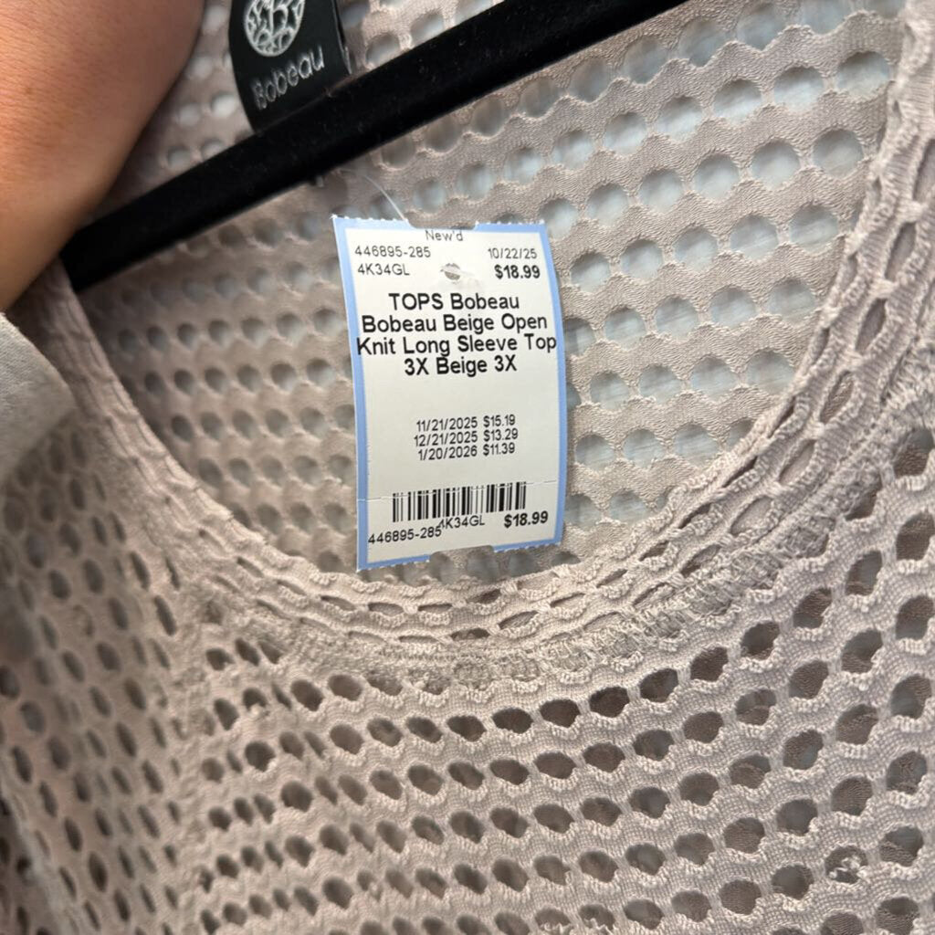 Bobeau Beige Open Knit Long Sleeve Top 3X