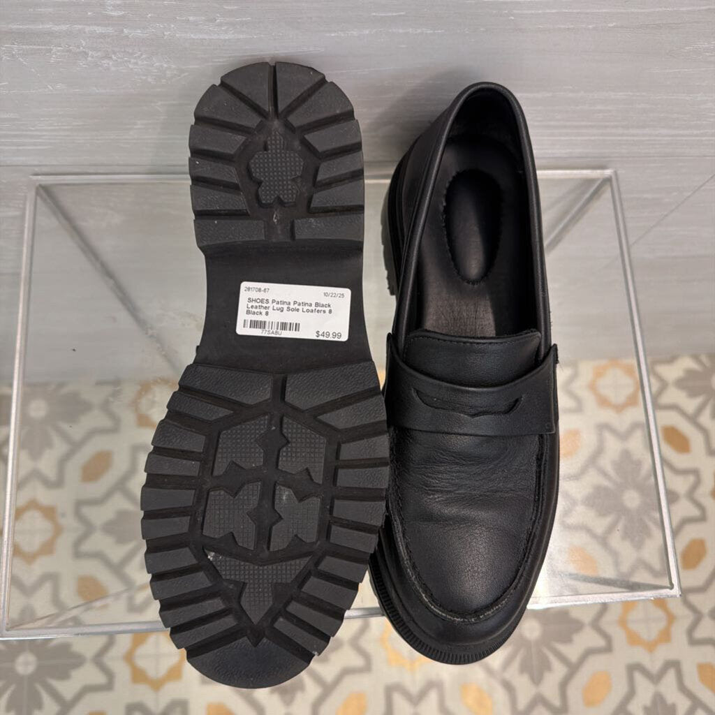 Patina Black Leather Lug Sole Loafers 8
