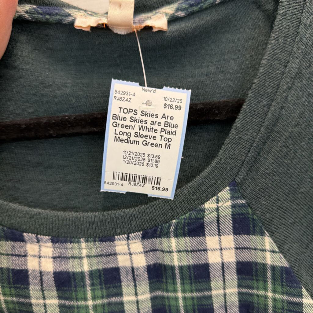 Skies are Blue Green/ White Plaid Long Sleeve Top Medium