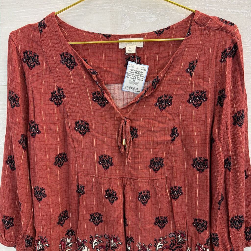 Magnolia Grace Orange/ Black Print Long Sleeve Top Medium