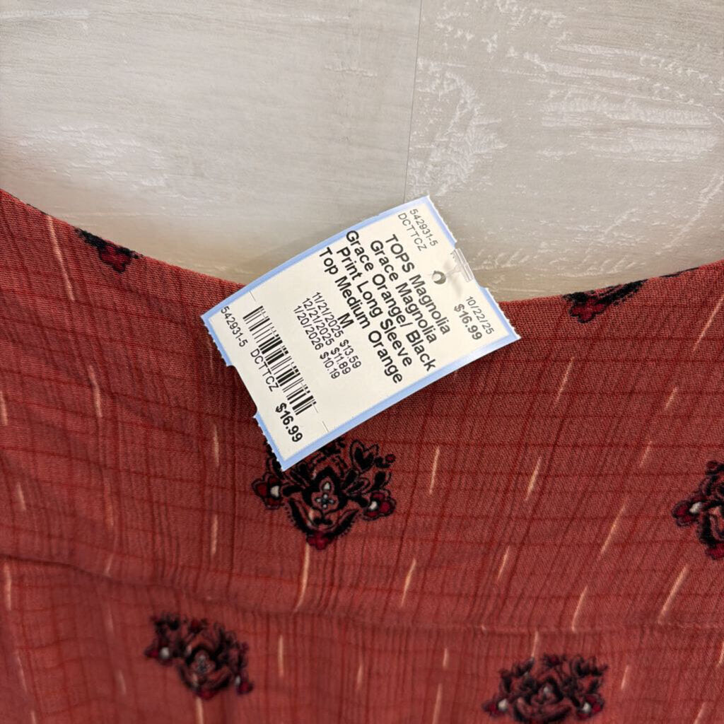 Magnolia Grace Orange/ Black Print Long Sleeve Top Medium