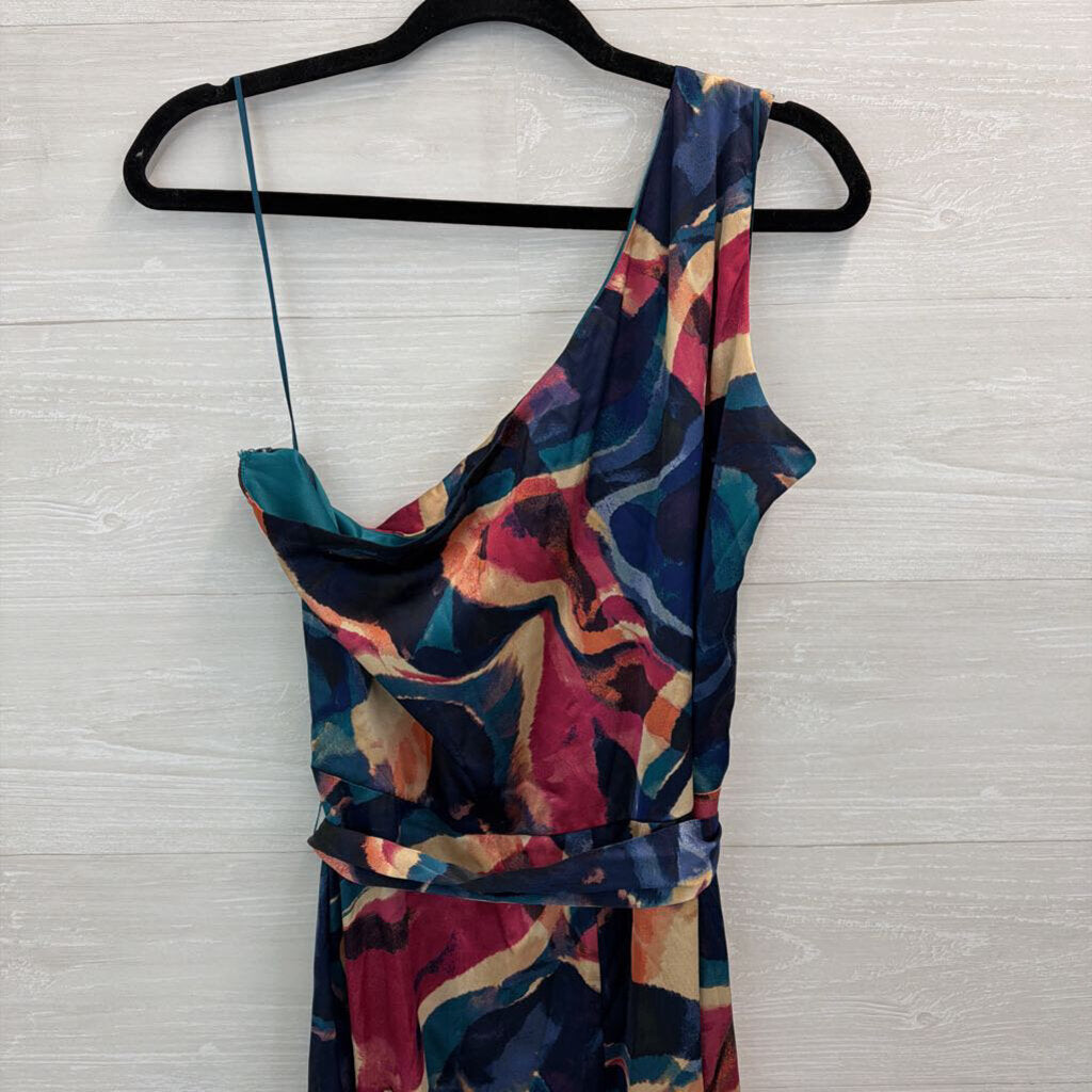 Nicole Miller Blue/ Multi Print Silky One Shoulder Maxi Dress 16