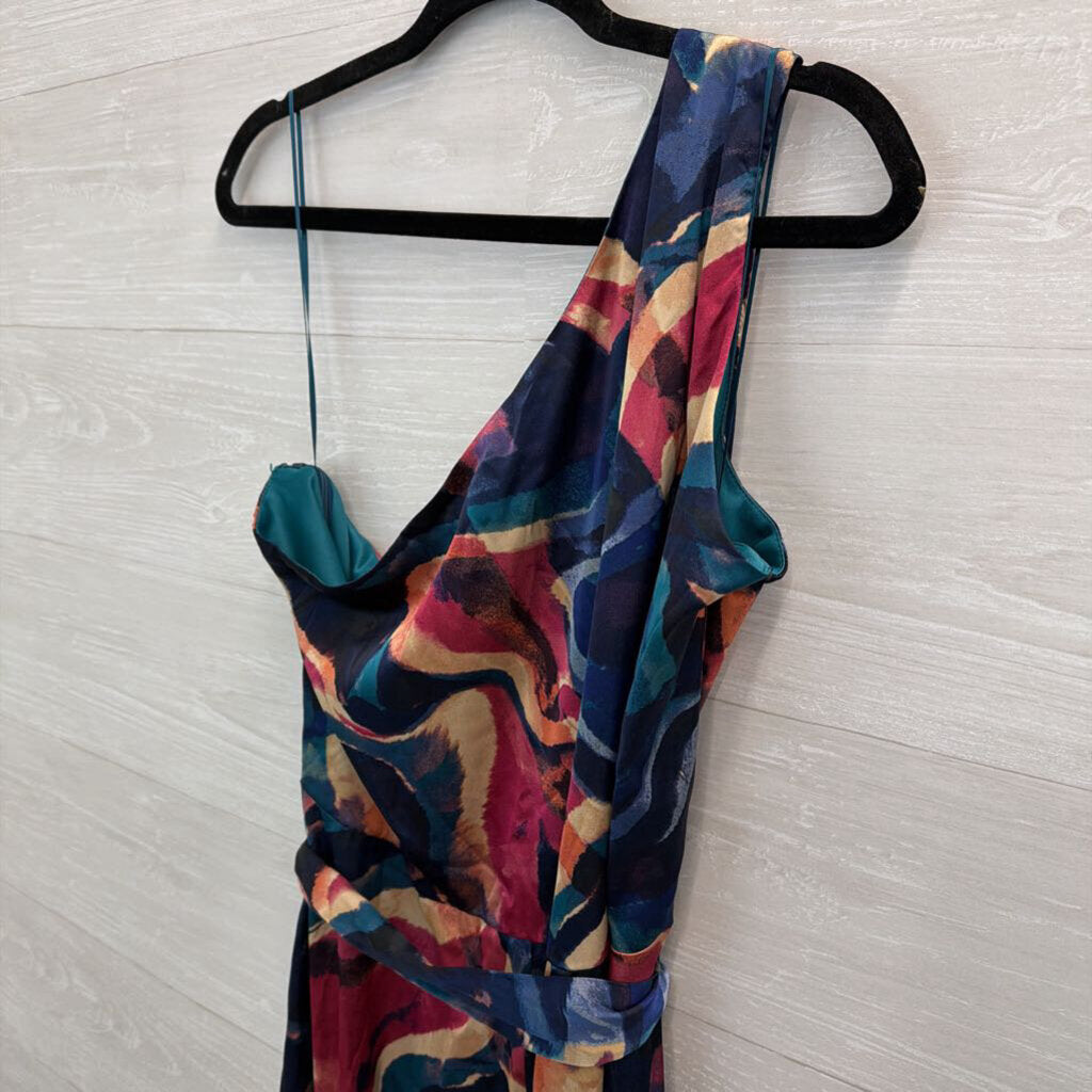 Nicole Miller Blue/ Multi Print Silky One Shoulder Maxi Dress 16
