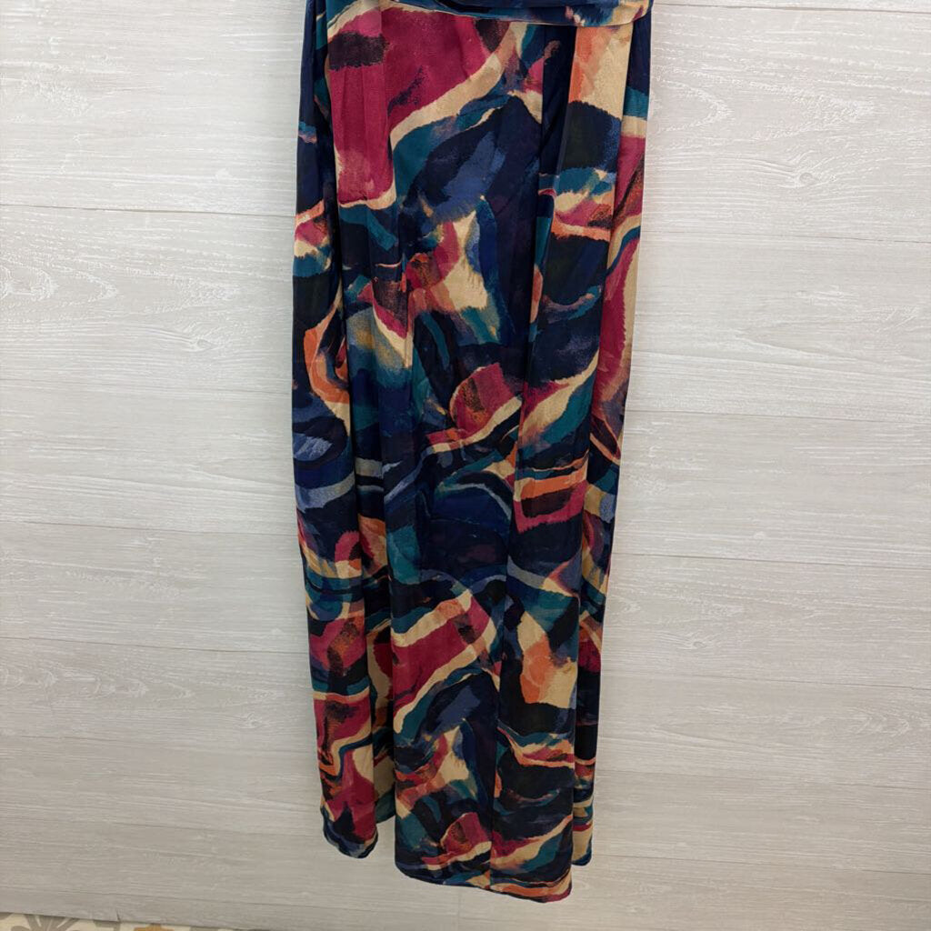 Nicole Miller Blue/ Multi Print Silky One Shoulder Maxi Dress 16