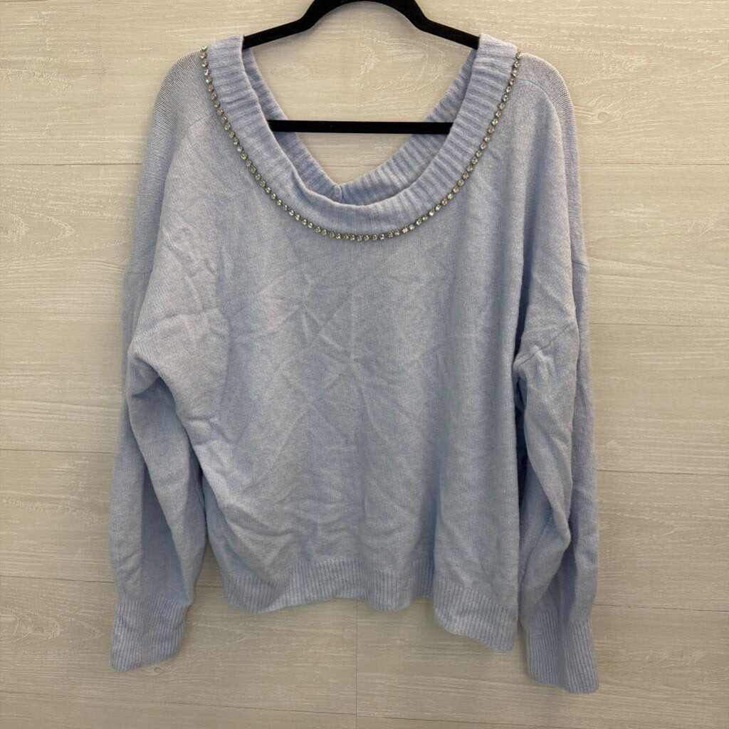 Express Blue Soft Knit Rhinestone Trim Bow Back Sweater Top Extra Large