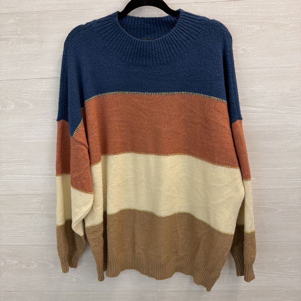 H Halston Blue/ Multi Color Block Stripe Gold Thread Sweater Extra Large