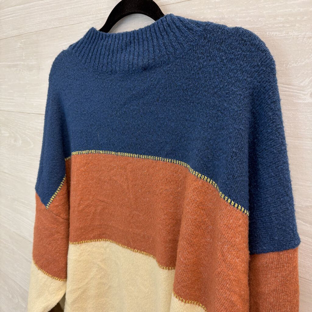 H Halston Blue/ Multi Color Block Stripe Gold Thread Sweater Extra Large